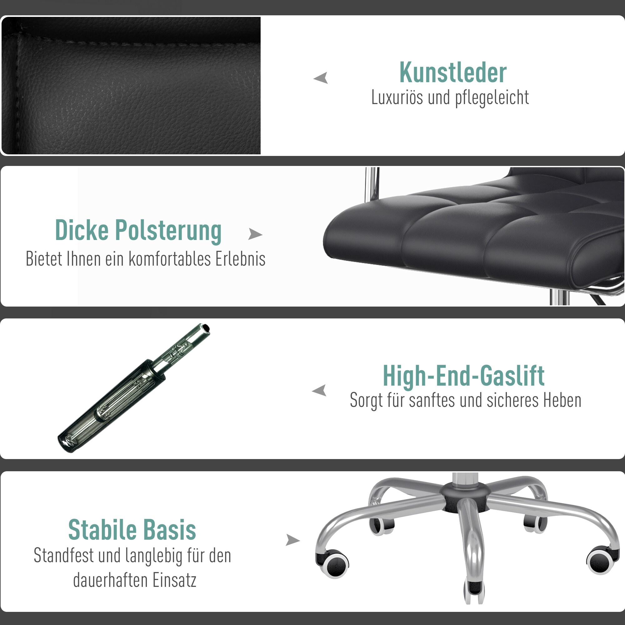 HOMCOM Bürostuhl mit Rollen schwarz B52,5 x T54 x H82-94 cm