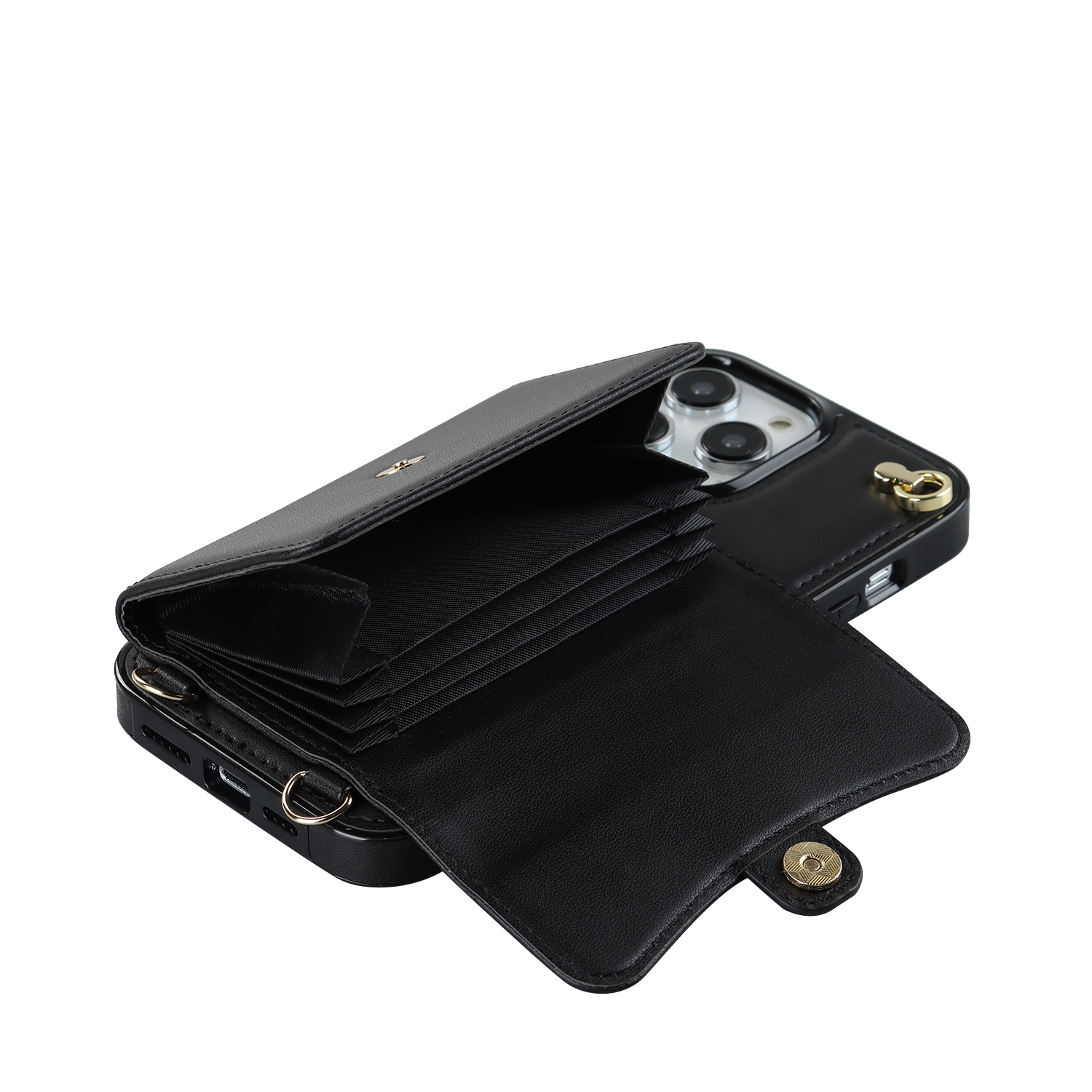 iPhone 14 Pro Max Necklace Leder Schutz Hülle mit Kartenfach   Handykette (140cm) - Schwarz