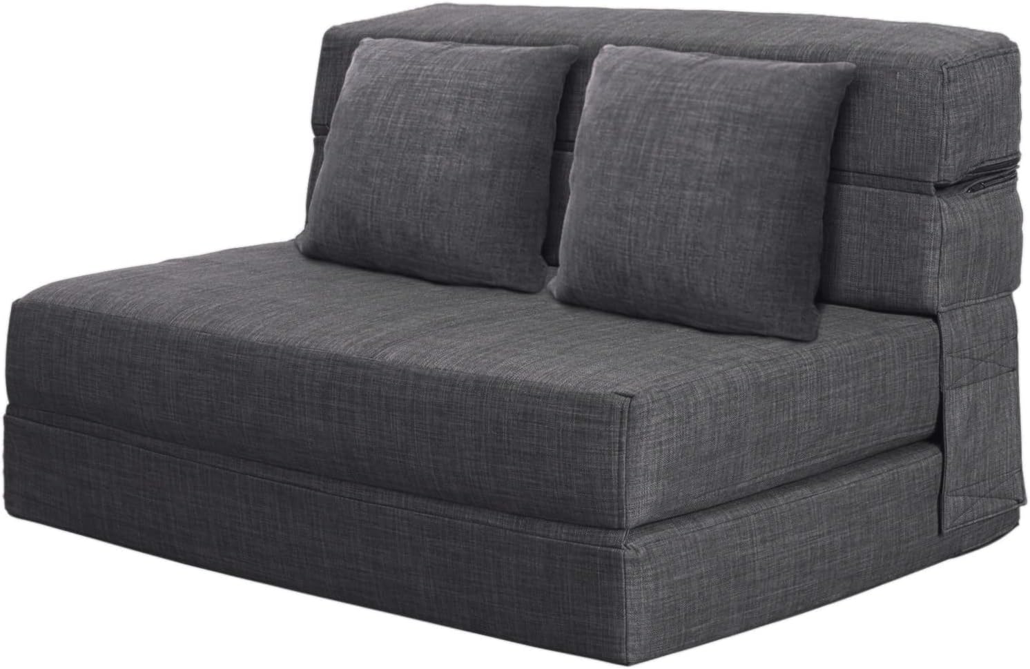 ANONER Canapé Convertible 2 Places 150cm de Large, Pliable en Mousse à Mémoire de Forme & 2 Oreillers, Lit Pliant de Sol pour Chambre Salon, Gris Foncé