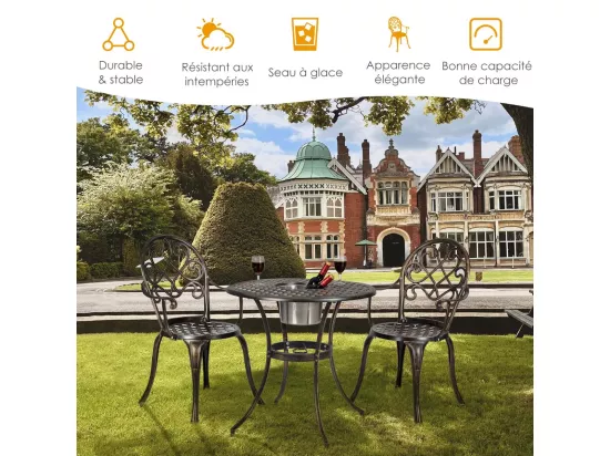 Ensemble Table et 2 Chaises pour Jardin 3 Pièces avec Seau à Glace Amovible Accoudoir en Fonte d'Aluminium, Salon de Jardin 3Pcs Style Antique, Charge 100KG (Bronze Antique)