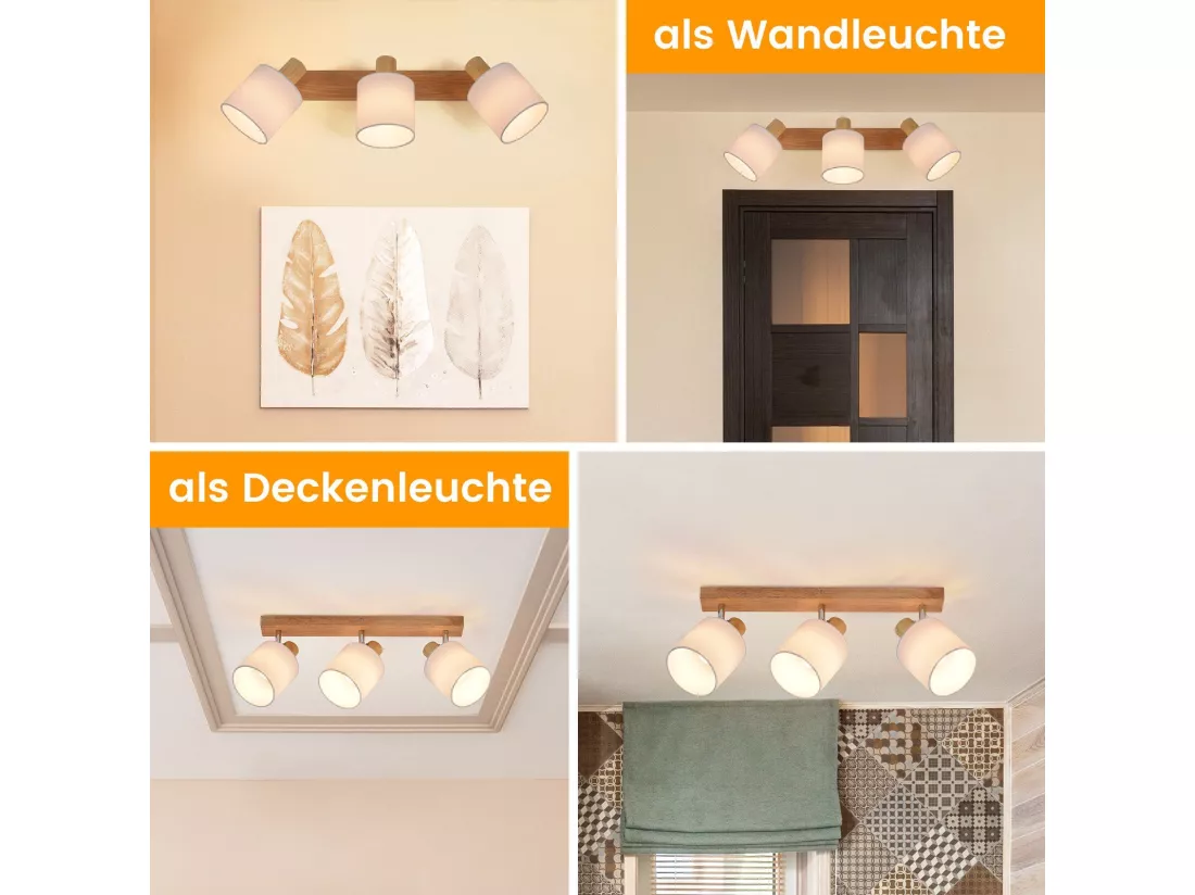NETTLIFE 3 Spots de Plafond Couloir Mural Moderne en Bois Pivotant à 350°E14 MAX.25W Lampe pour Salon Chambre Cuisine (sans Ampoule)