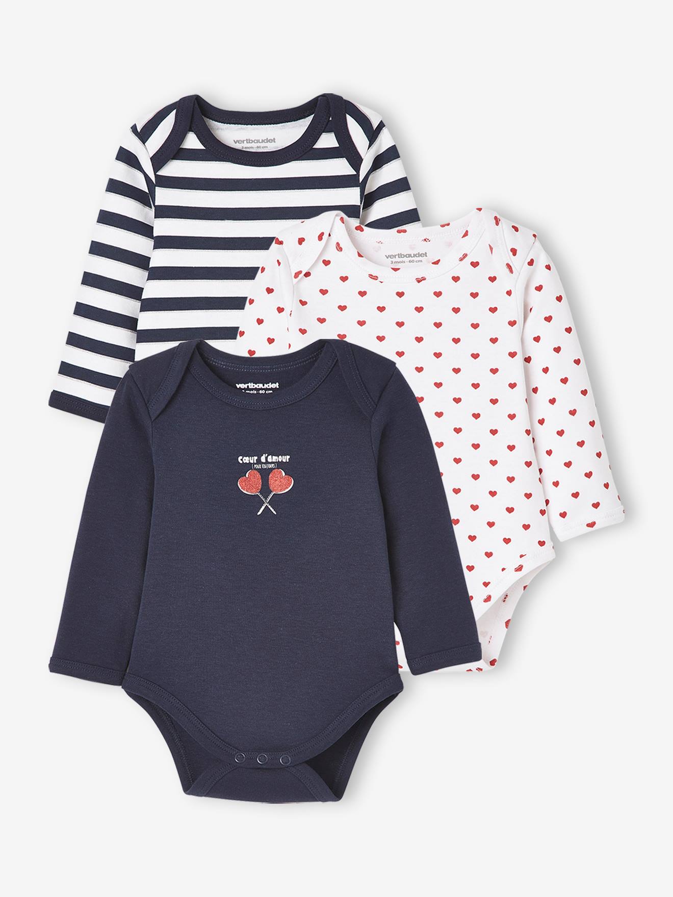 Conjunto de 3 bodies de manga comprida com cavas americanas, azul bebê escuro bicolor/multicolorido
