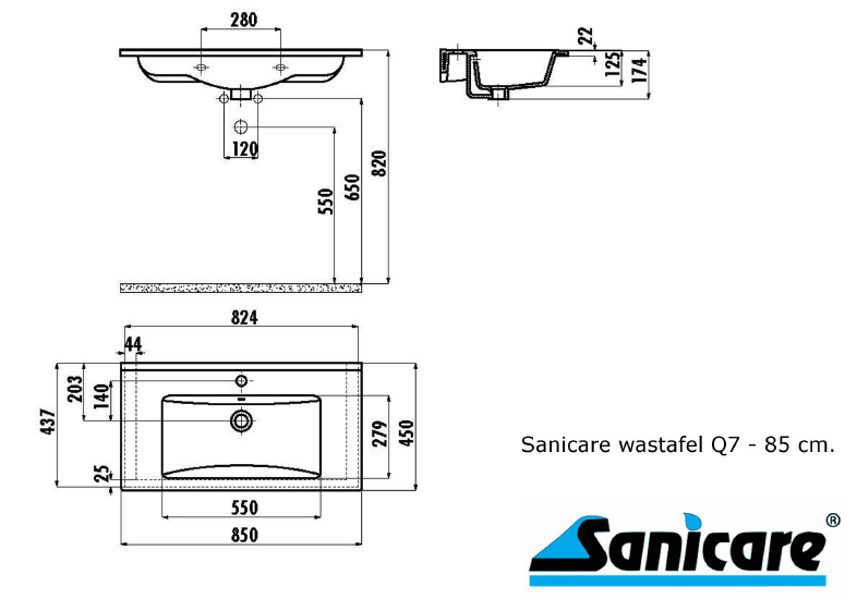 Sanicare Q7 keramische wastafel 85x45cm wit
