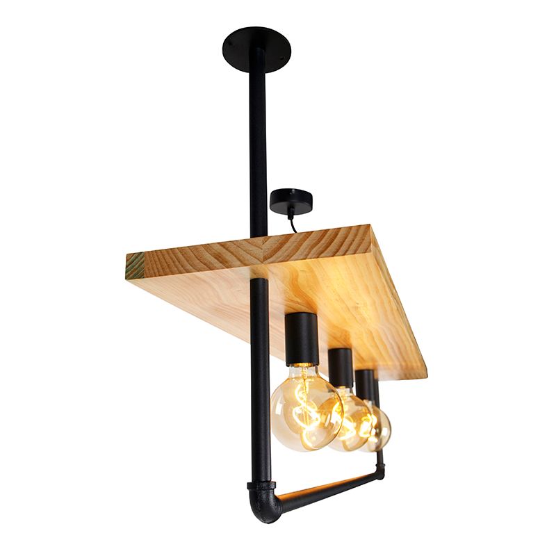 Industriële plafondlamp zwart met hout 3-lichts - Shelf