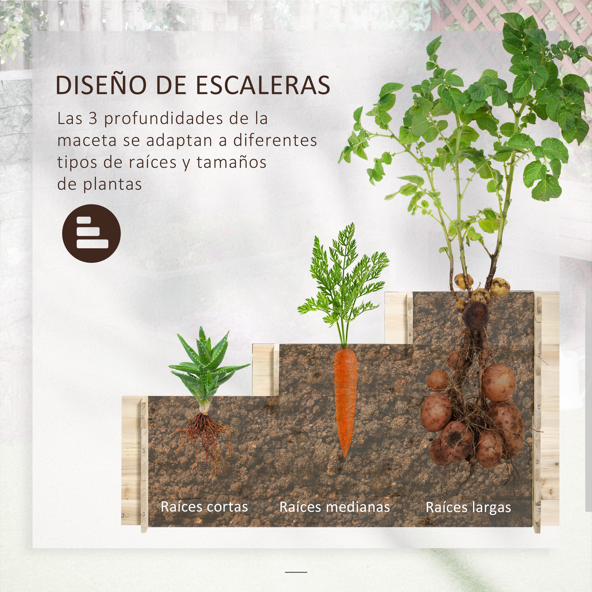 Jardineira de madeira Outsunny Urban Garden de 3 níveis com tecido geotêxtil para cultivo de plantas e flores em jardins e terraços externos, 117 x 100 x 54 cm, cor natural.