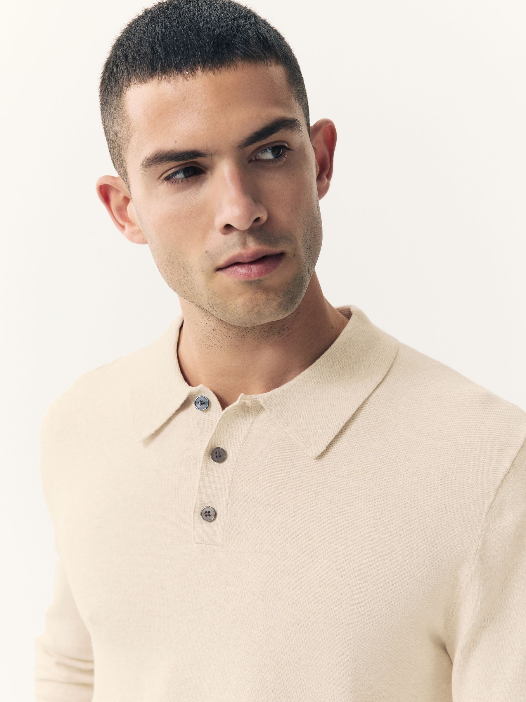 Gemêleerd naturel - Slim Fit - Katoenrijk gebreid poloshirt met lange mouwen