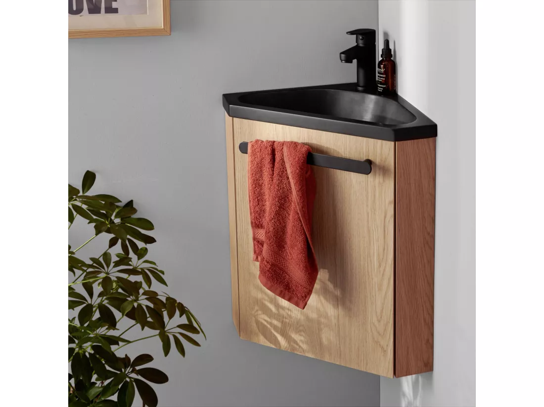 Meuble lave-mains d'angle décor chêne vasque noire SKINO