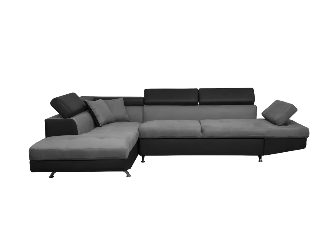 Canapé d'angle gauche 5 places Rio Convertible avec coffre en microfibre et simili - Gris/Noir - L271 x P192 x H70cm - Loungitude