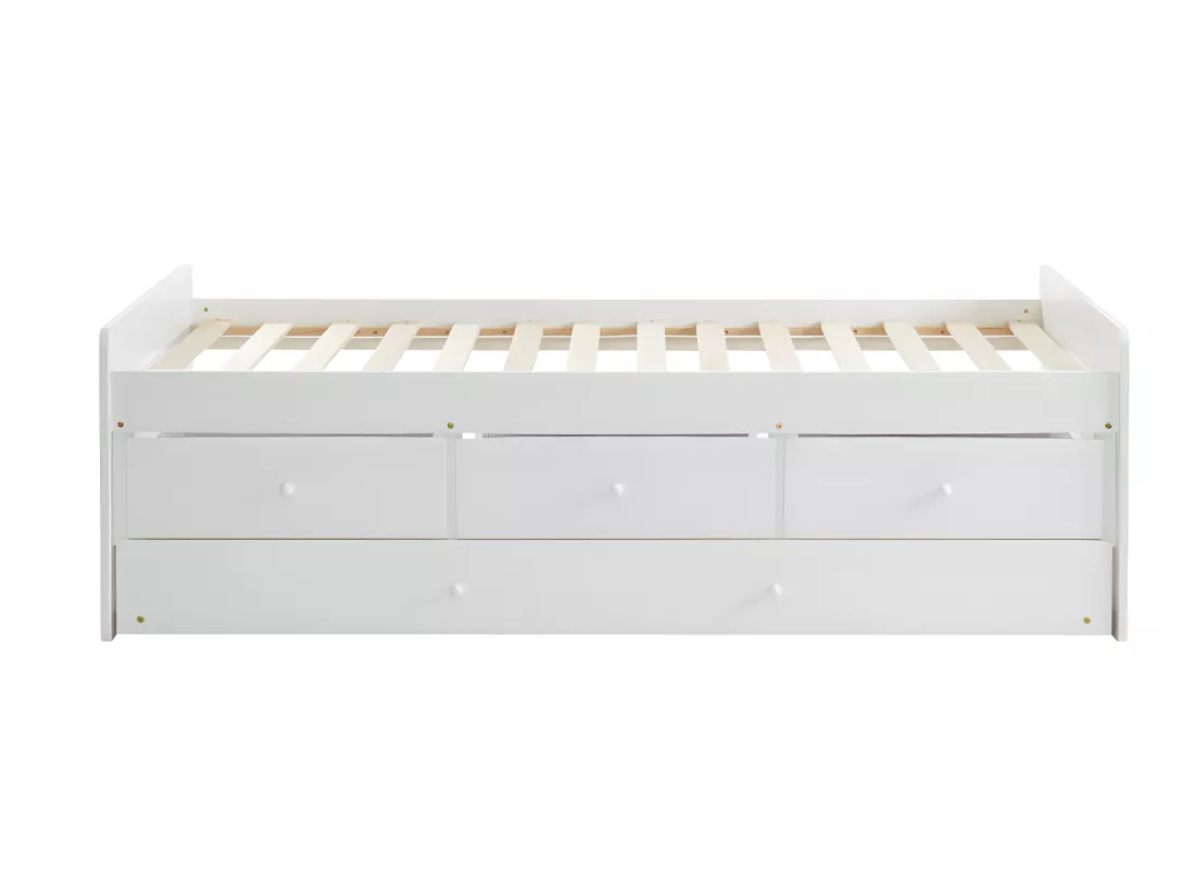 Lit gigogne TITOUAN avec 3 tiroirs - 90 x 190 cm - MDF et Pin - Blanc
