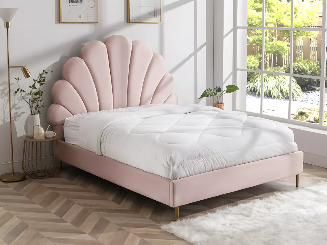 Lit coquillage 160 x 200 cm - Velours - Rose + Matelas - LIVAYA