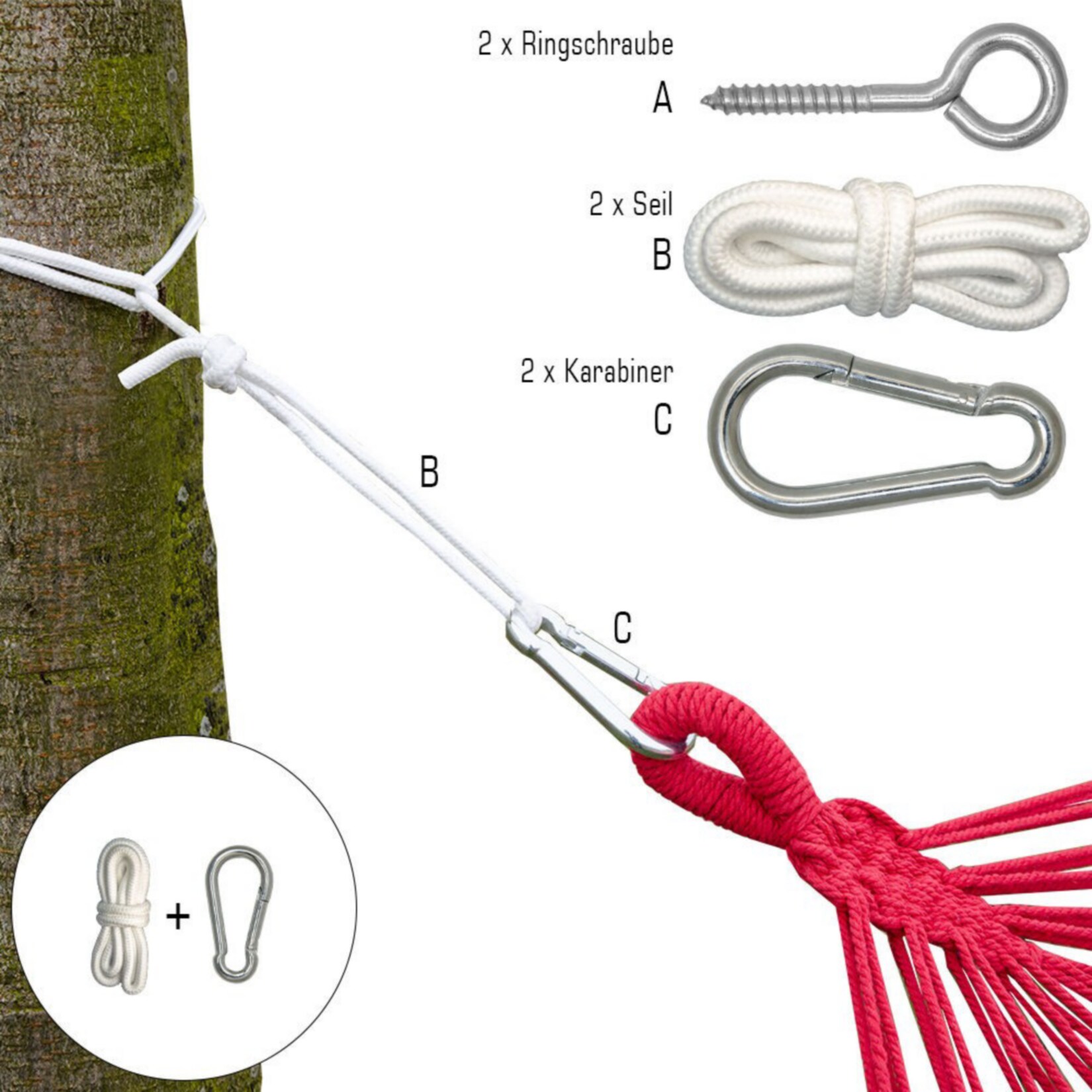 Hängematten Befestigung bis 160kg - mit Karabiner und Schrauben