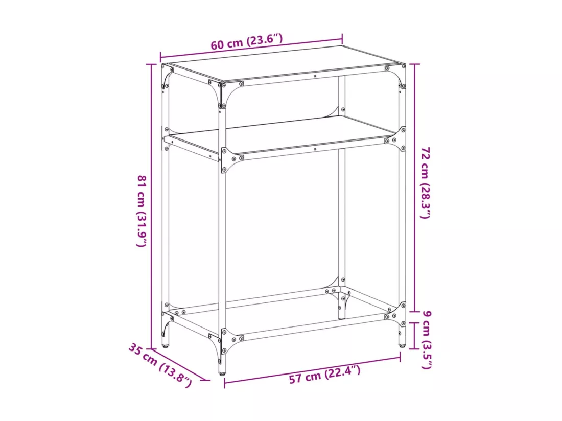 Table console avec dessus en verre transparent 60x35x81cm acier