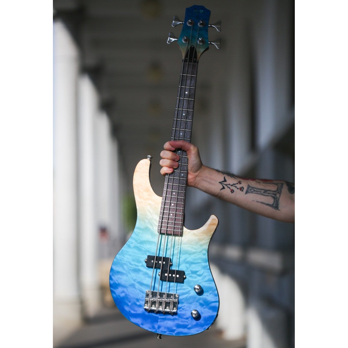 Flight Rock Series Mini Bass Ukulele Transparent Blue solid body elektrische bas-ukelele met deluxe gigbag