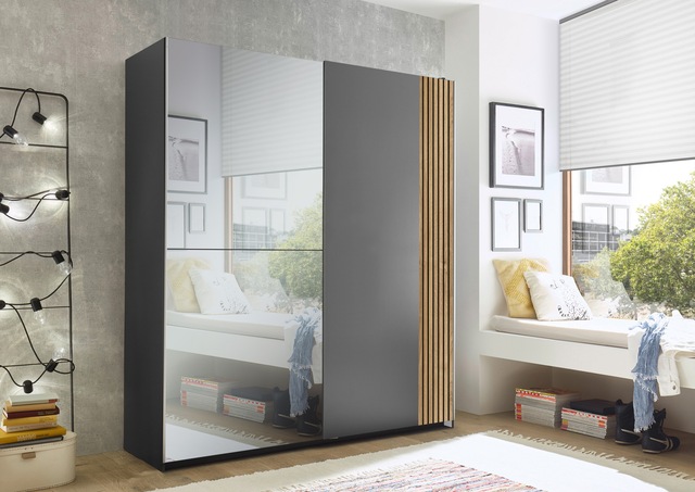 Schlafkontor Schwebetürenschrank »Berno Kleiderschrank mit Schiebetüren und Spiegelfront« Rillenoptik & Graphitabsetzung