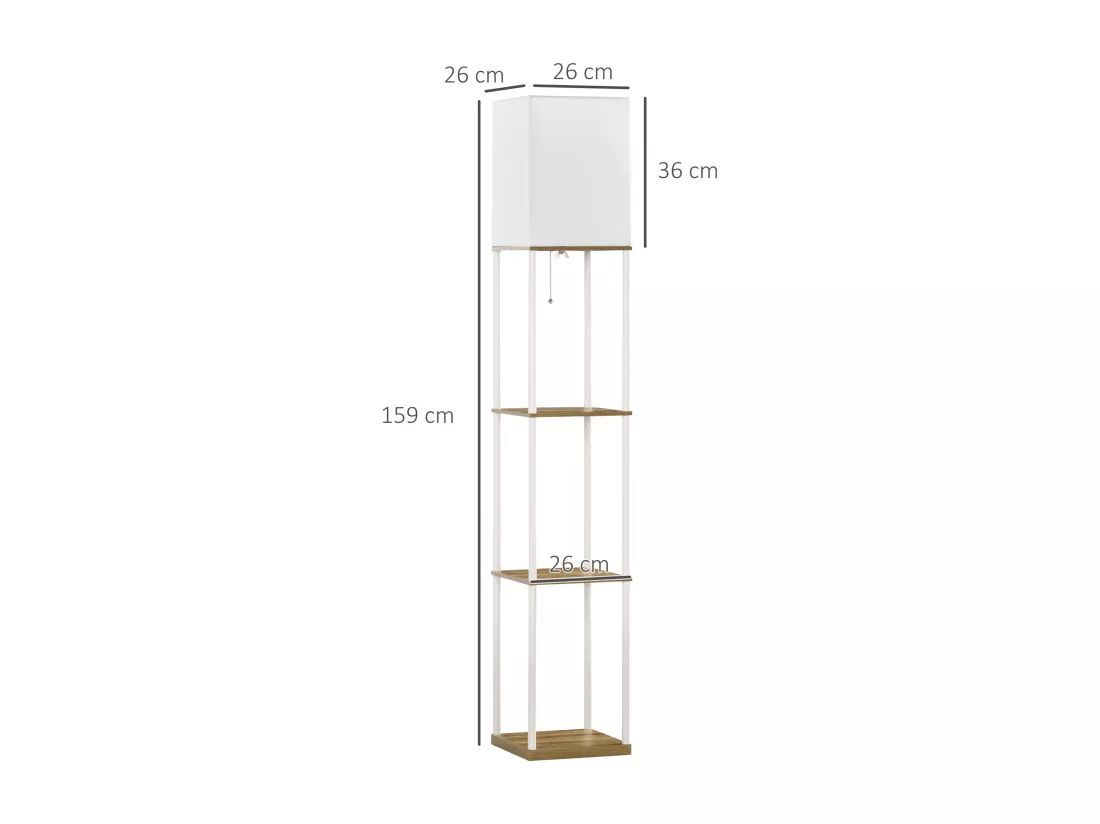 Lampadaire étagère design 26L x 26l x 159H cm 3 étagères E27 MDF blanc