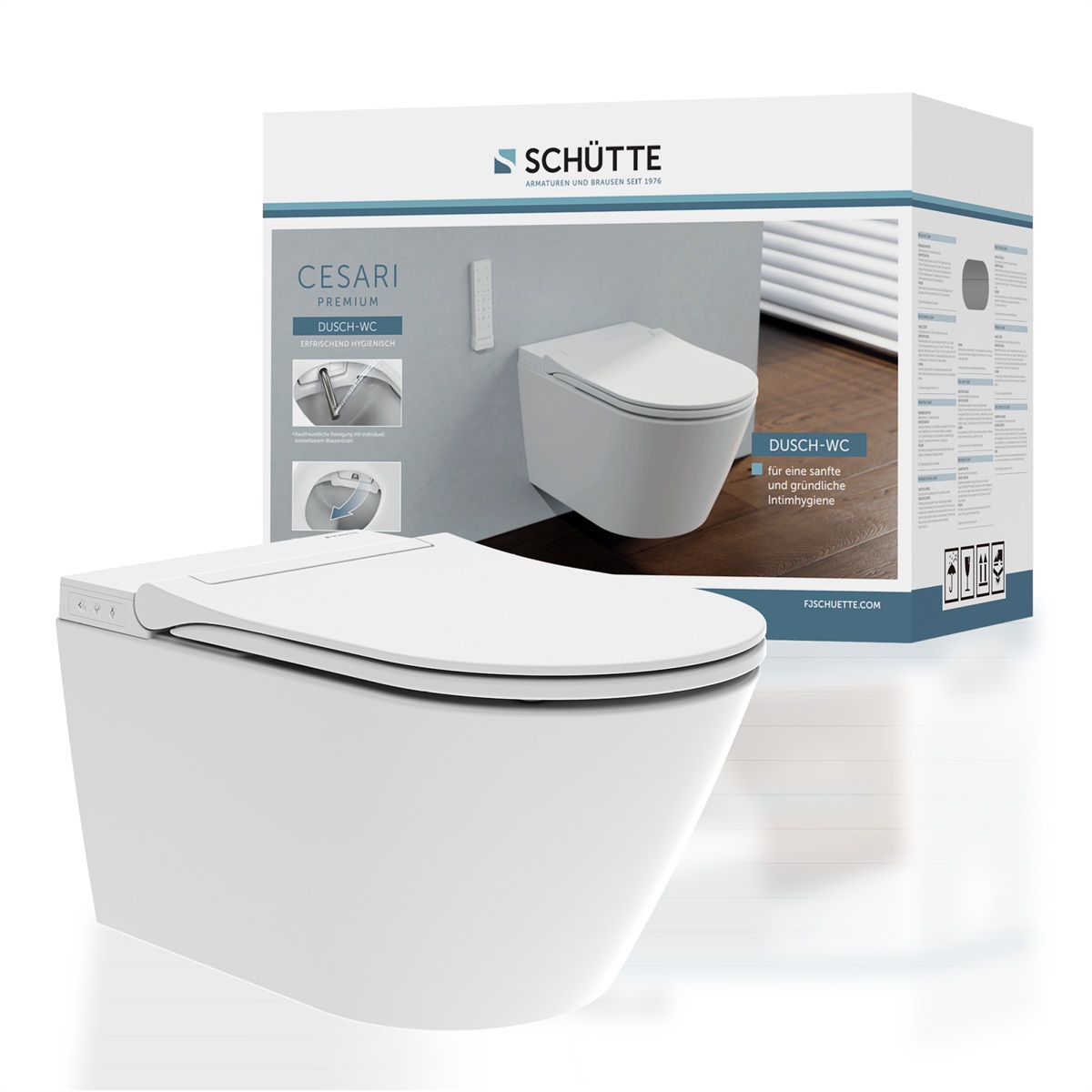 Schutte Cesari Premium randloze douche wc met Slim toiletzitting wit glans