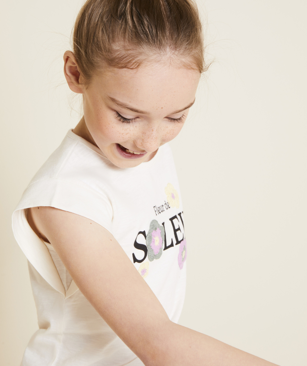 t-shirt manches courtes fille en coton bio blanc avec crochet