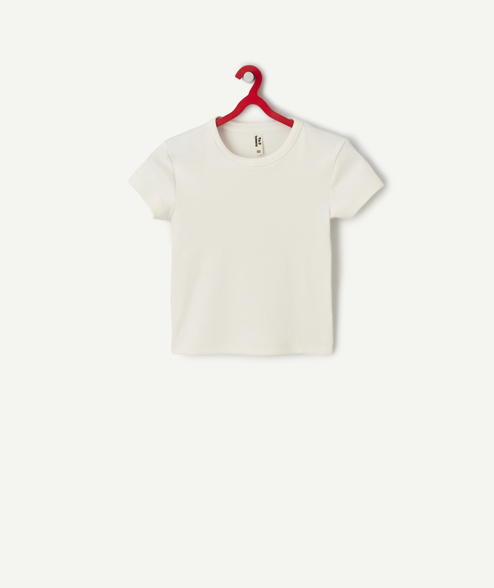 t-shirt manches courtes fille en coton bio écru côtelé