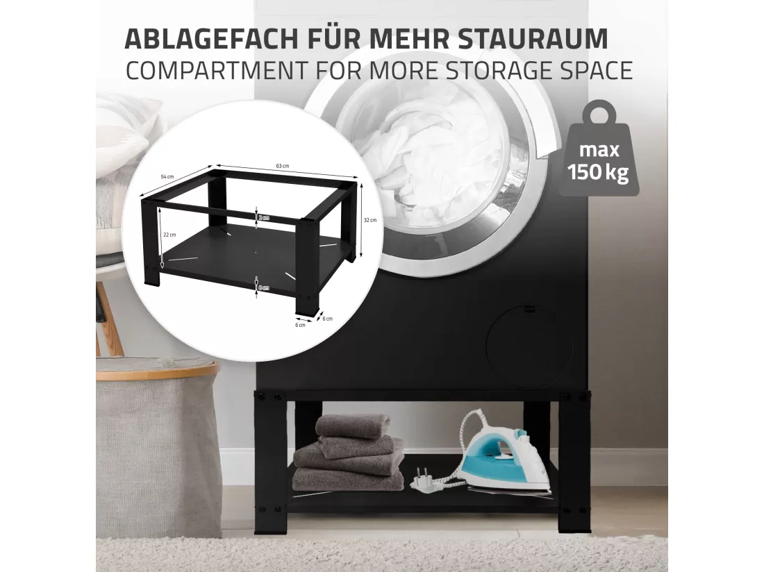 Socle pour machine à laver en acier noir accessoire avec étagère ML-Design