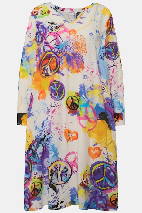 Kleid, Straight Fit, Peace-Motive, Tunika-Ausschnitt, Langarm
