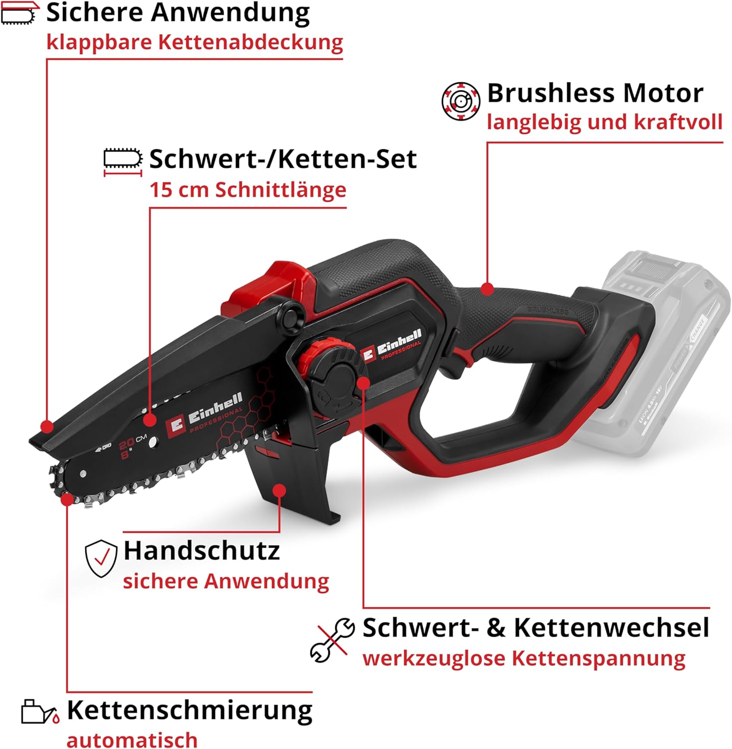 Einhell Professional Akku-Astkettensäge GP-PS 18/20 Li BL-Solo Power X-Change (18 V, 15 cm Schnittlänge, Brushless, 8 m/s Kettengeschwindigkeit, autom. Kettenschmierung, ohne Akku)
