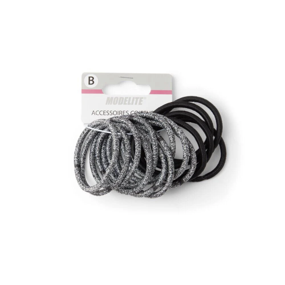 Lot de 15 élastiques à cheveux polyester noir et blanc aspect chiné