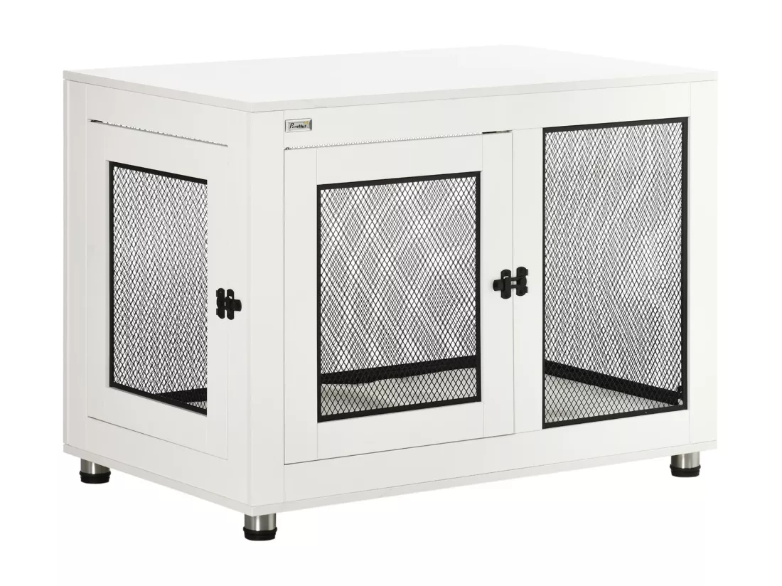Cage pour chien sur pied style industriel - 2 portes verrouillables, coussin inclus - acier maillé noir panneaux aspect bois blanc