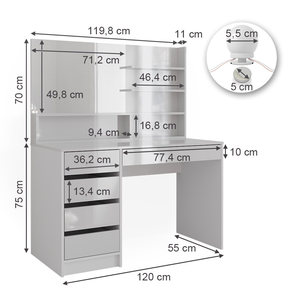 Vicco Schminktisch Sherry Weiß Hochglanz 120 x 75 cm Spiegel Regal LED modern