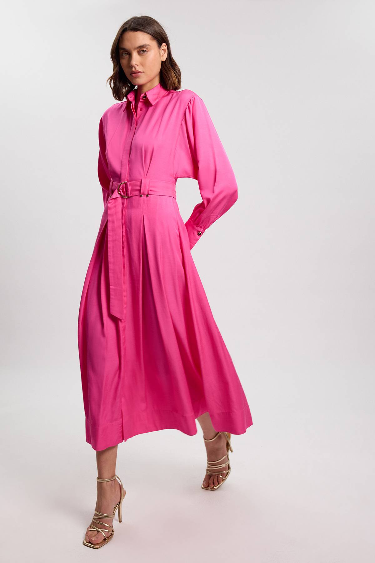 KarenMillen Robe Chemise Tissée En Viscose Lin Premium Petite Avec Ceinture À Boucle Dorée
