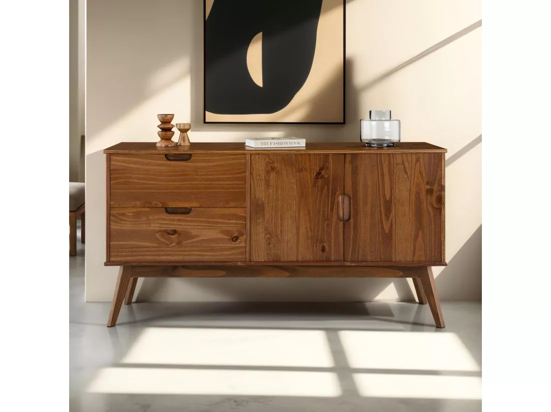 Buffet salle à manger TIVOLI L 145 cm en bois massif finition bois bun foncé avec 2 tiroirs et 2 portes battantes