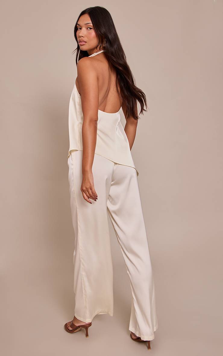 Crème Combinaison-pantalon Satinée Drapée À Col Licou Et Jambes Larges
