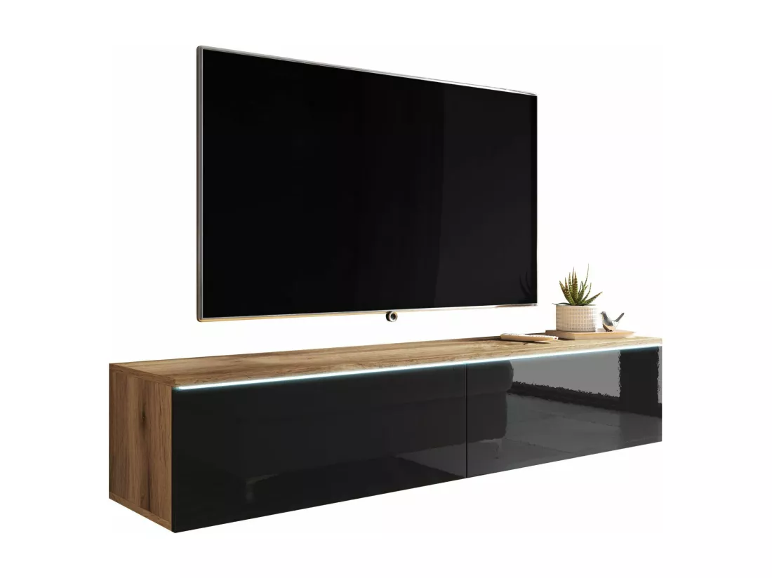 Meuble TV - 140 cm - chêne wotan/noir brillant - avec LED - KANE
