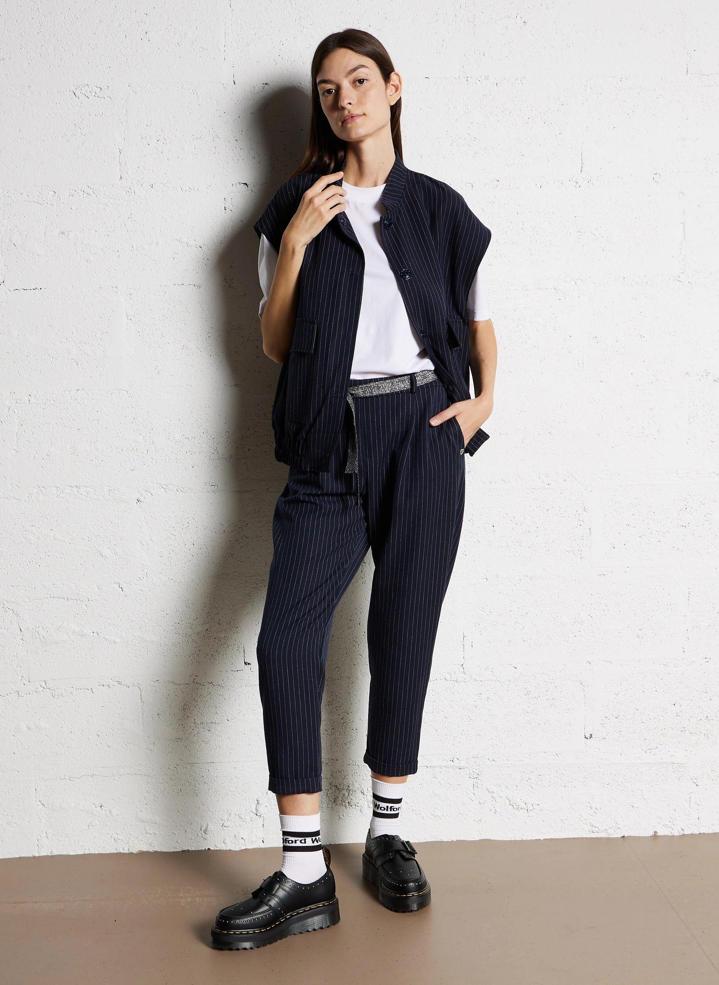 Gilet col mao ample à rayures | Bleu