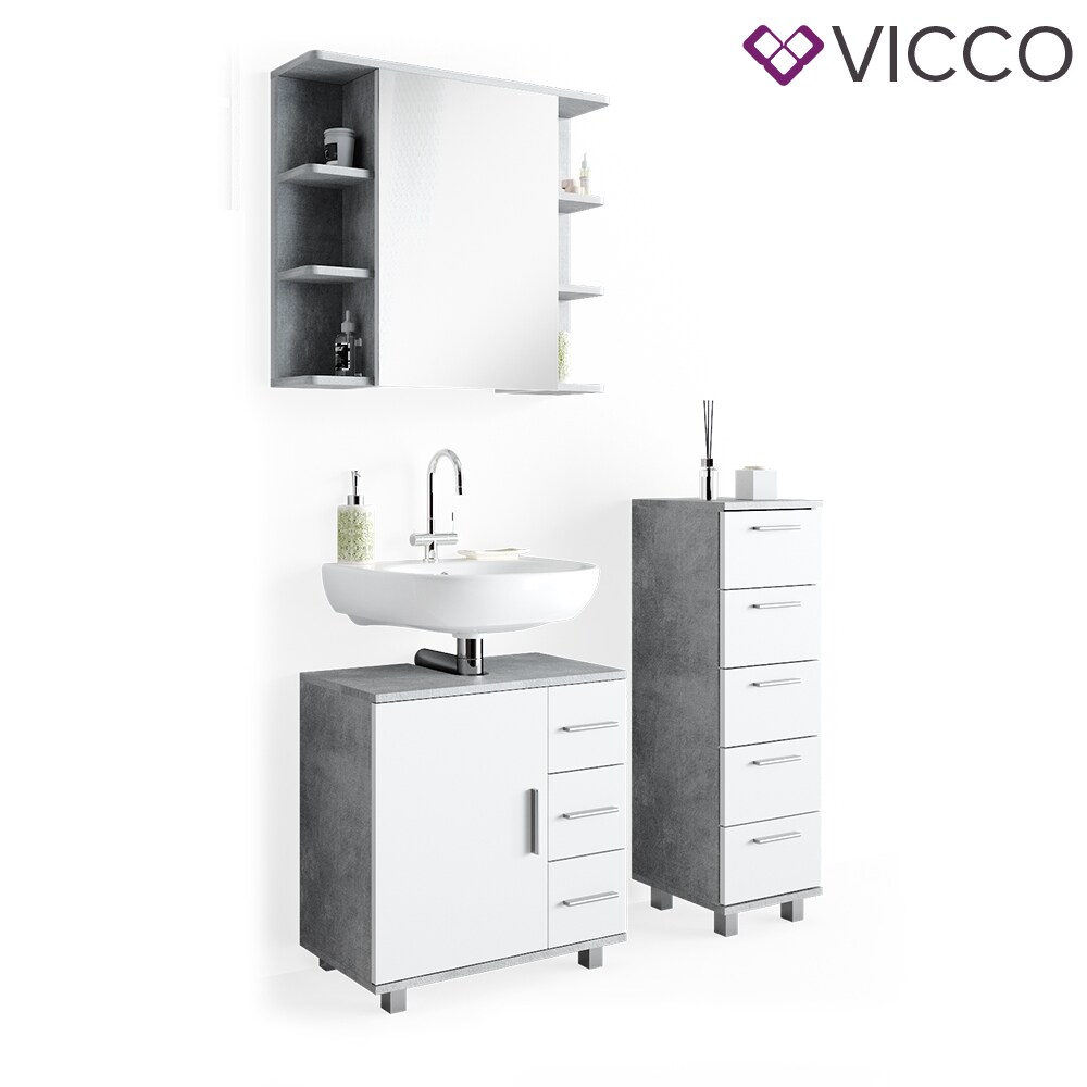 VICCO Badmöbel Set ILIAS Weiß Beton Bad Spiegel Kommode Unterschrank Badschrank