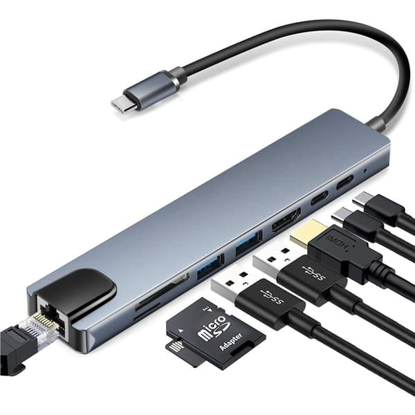 INF USB-C-hub med 8 uttak for USB, UBC PD, HDMI, RJ45, micro-SD Grå