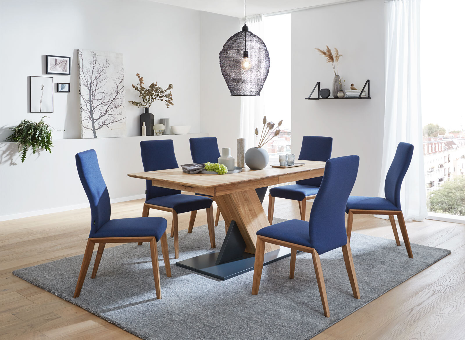 CASAVANTI Esszimmerstuhl MANELLO 2er Set blau/Eiche massiv naturfarben