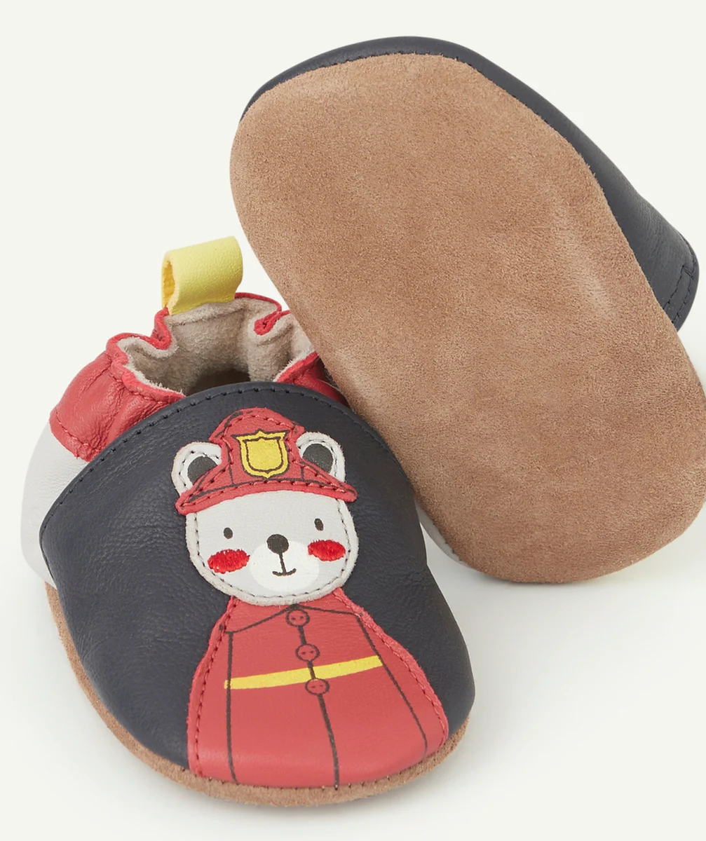 ROBEEZCHAUSSONS BÉBÉ EN CUIR BLEU MARINE GRIS ET ROUGE POMPIER