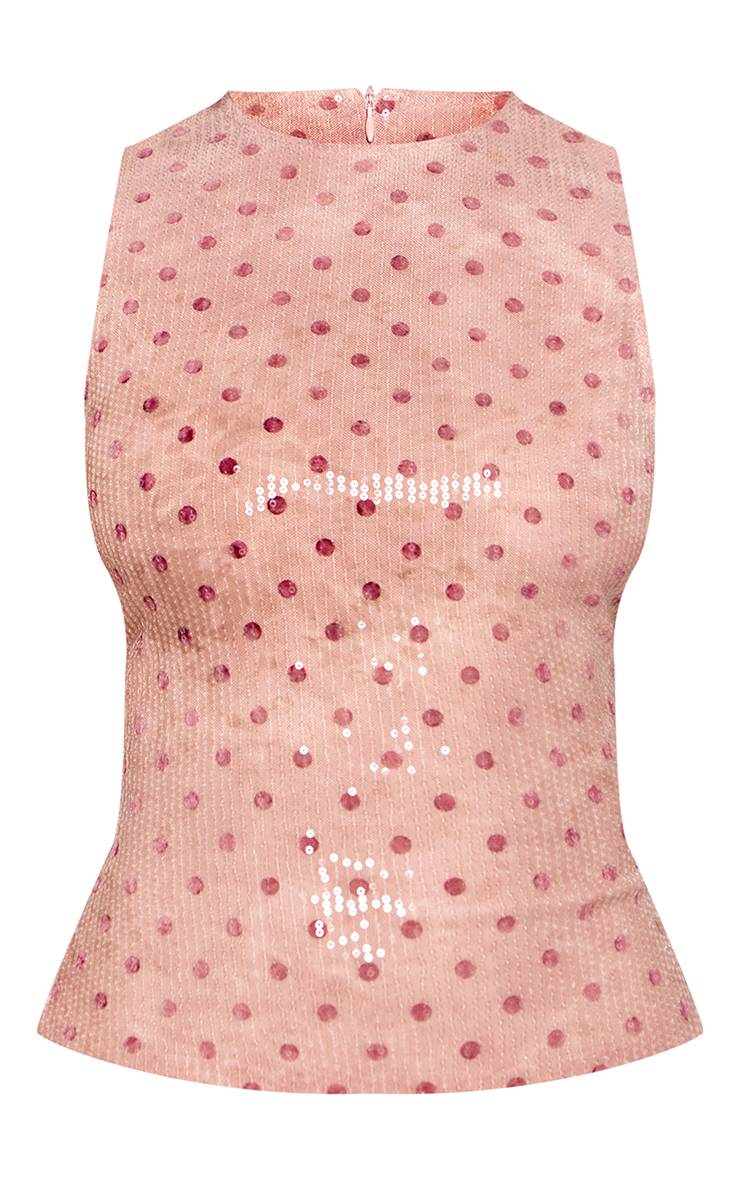Rose Haut Long Sans Manches À Sequins À Pois Petite Taille Ensemble Coordonné