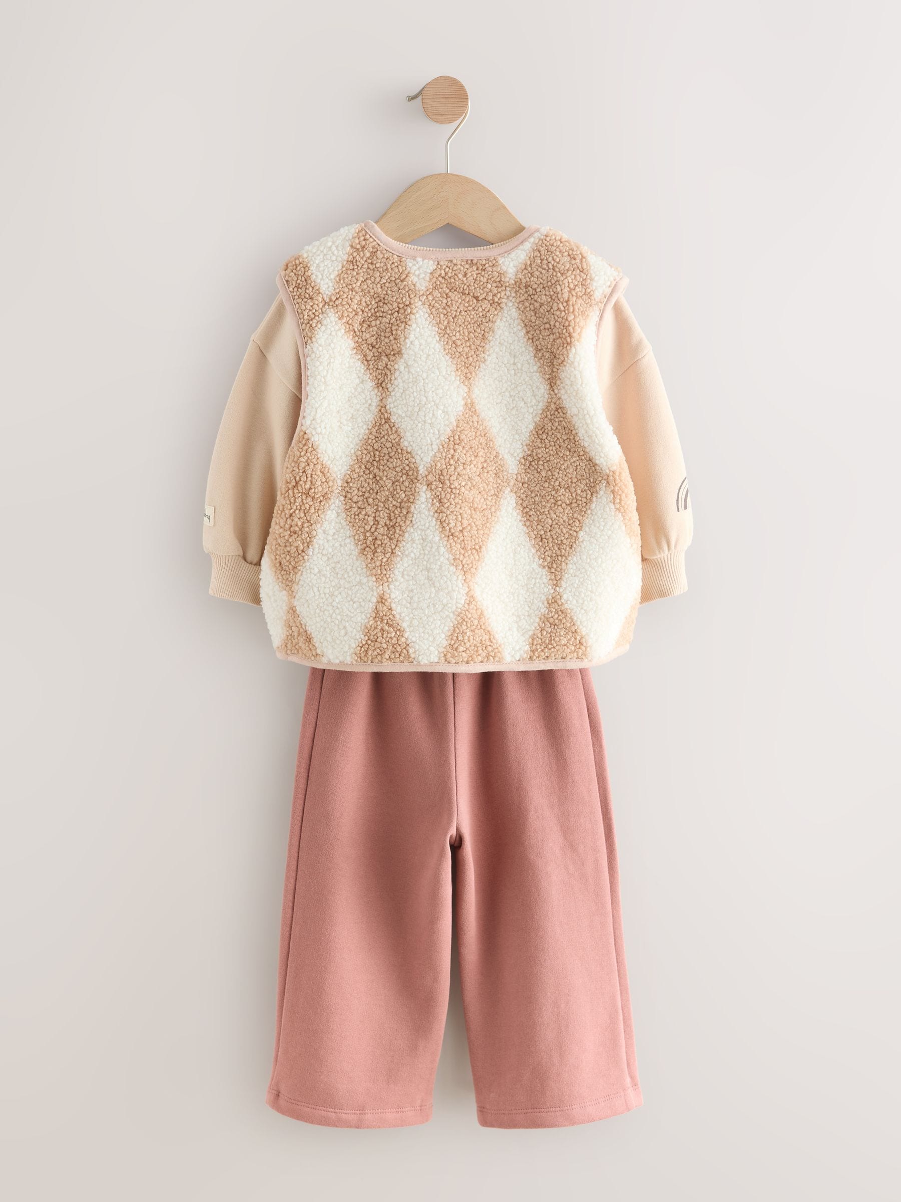 Neutral Teddy Bear - Gilet, Sweatshirt & Wide Leg Joggers 3 Piece Set (3mths-7yrs)
