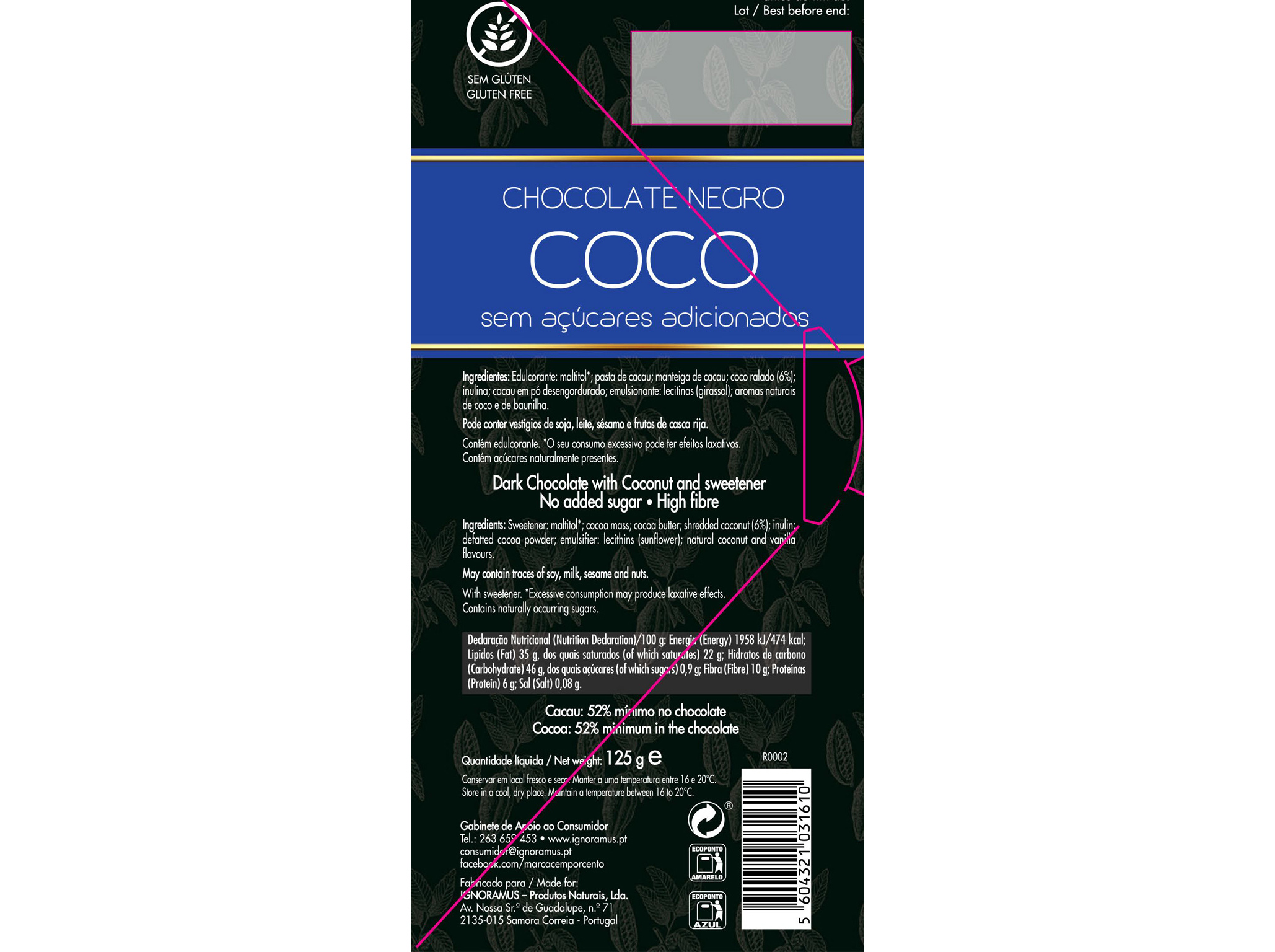 CHOCOLATE CEM PORCENTO NEGRO COM CÔCO 125G
