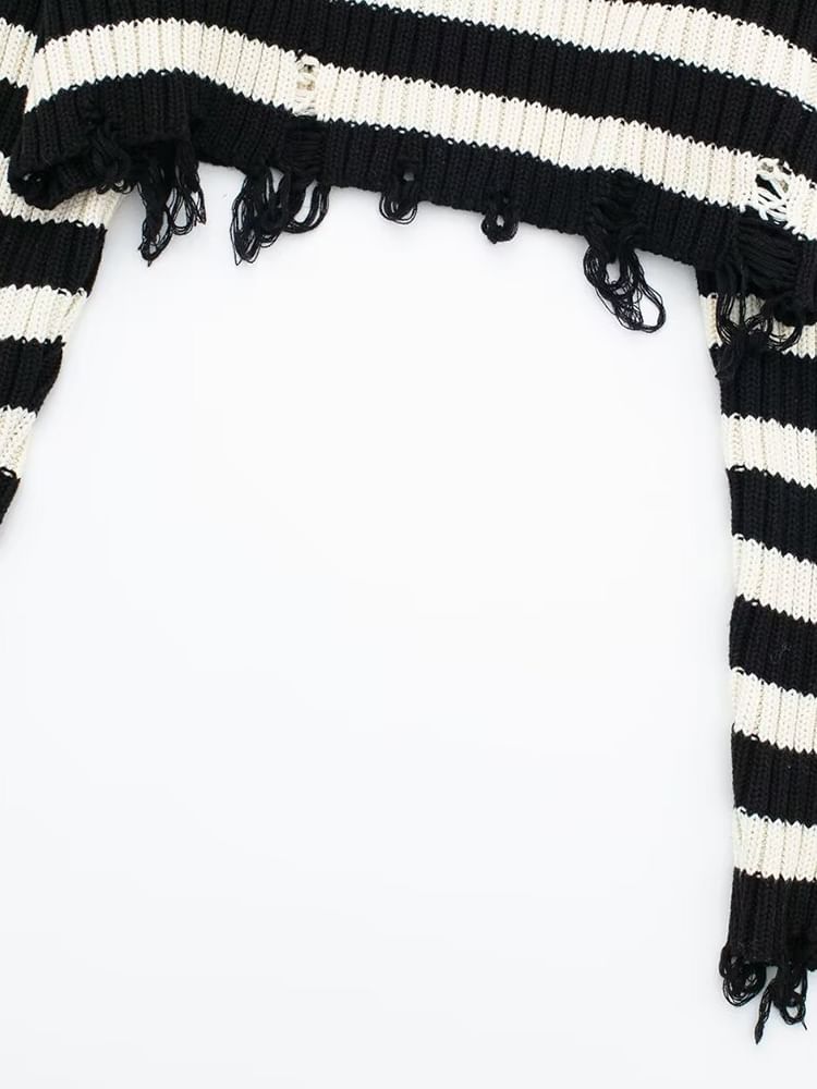SugaYuja - Gestreepte crop top met lange mouwen en coltrui in distressed-stijl
