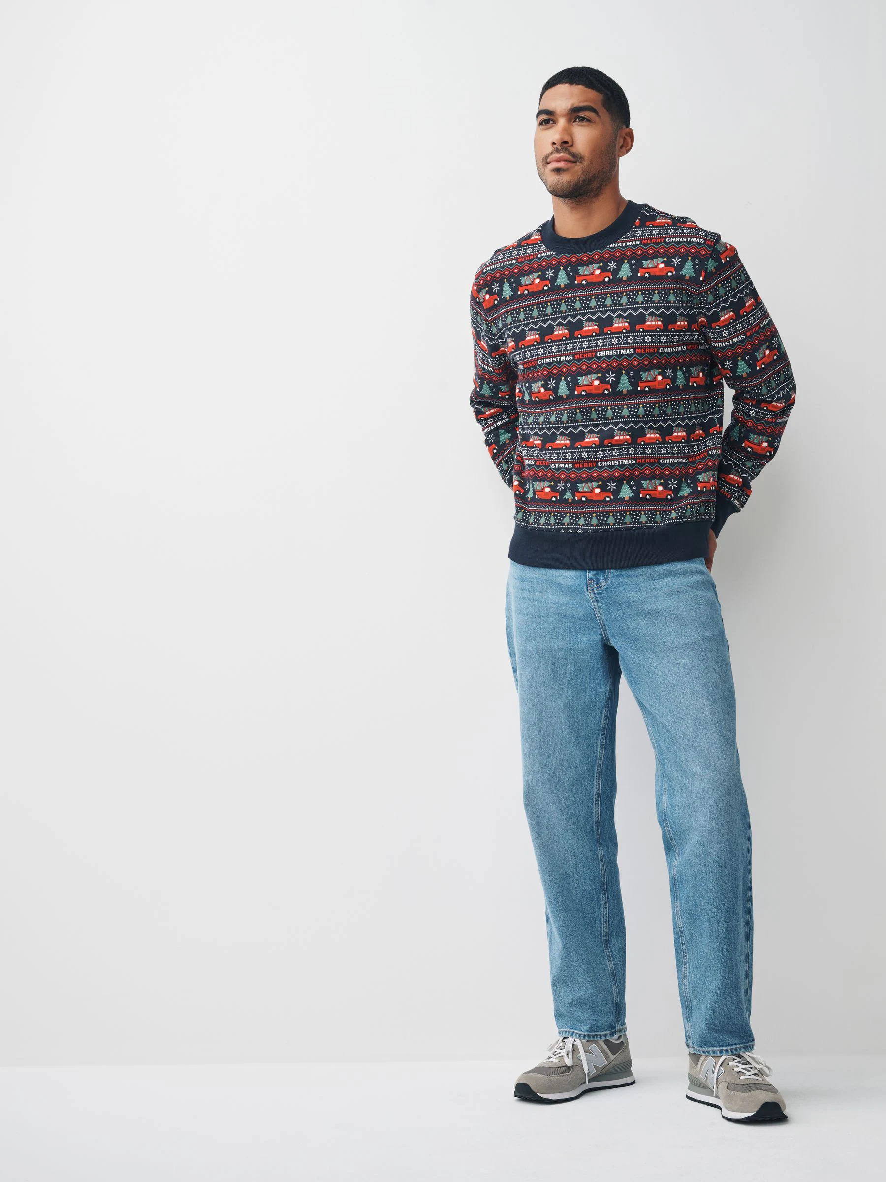 Marineblauw met fairislemotief - Kersttrui met patroon en ronde hals