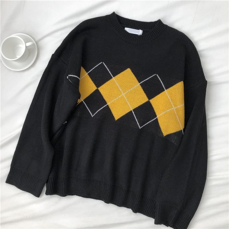 Sensarra - Argyle Oversized Trui met Ronde Hals