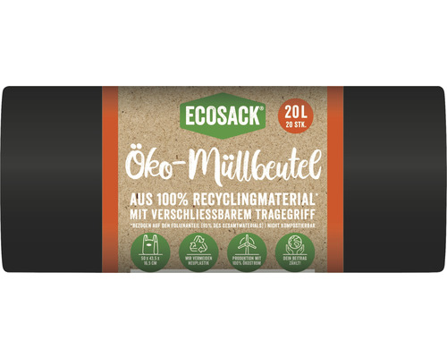 Ecosack zwarte vuilniszakken, 20 liter, 20 stuks