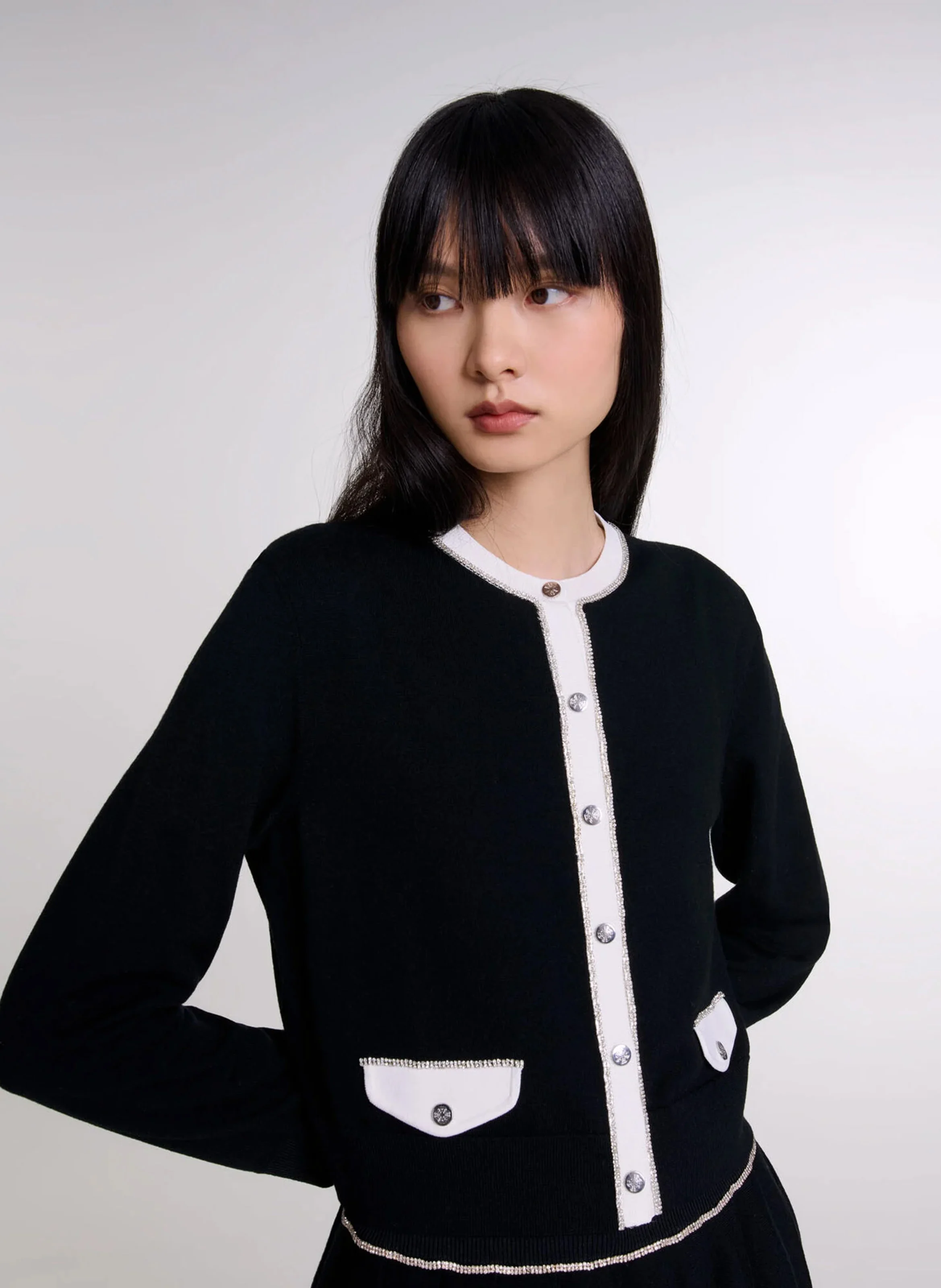 Cardigan col rond en laine mélangée | Noir