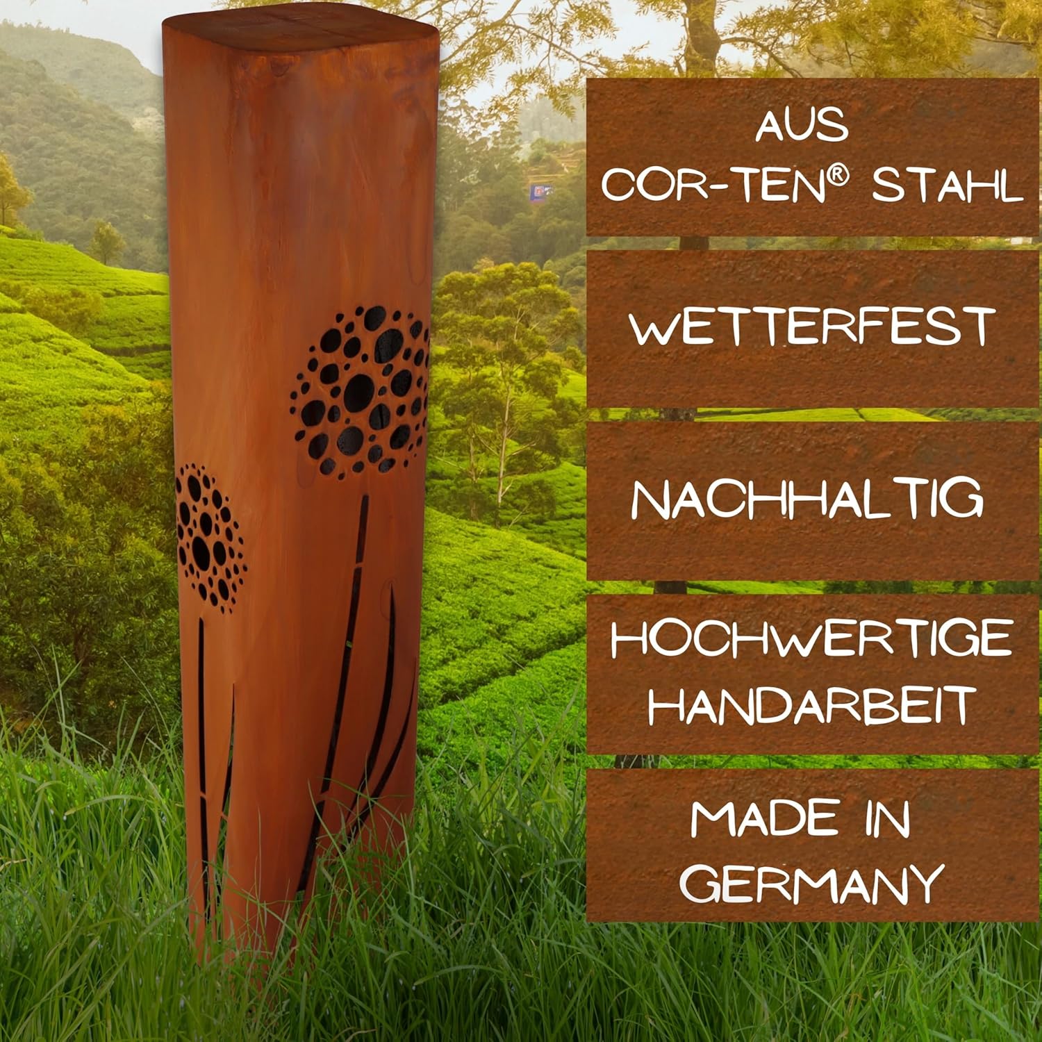 Rostikal | Deko Säule mit Pustebumen | Garten Ständer im Metalldesign Edelrost | 100 cm