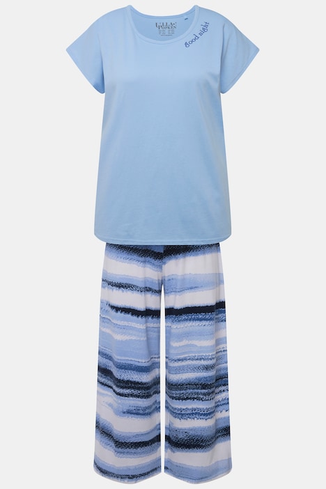 Pyjama, Streifen, Stickerei, Rundhals, Halbarm