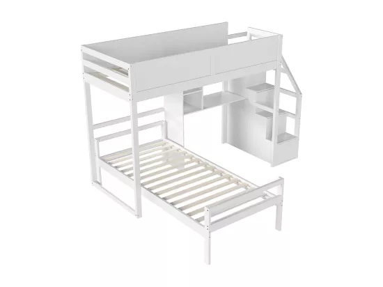 Lit superposé 90 x 200 cm Escalier de sécurité avec rangement caché Compartiment de rangement bureau Design clôture haute Blanc