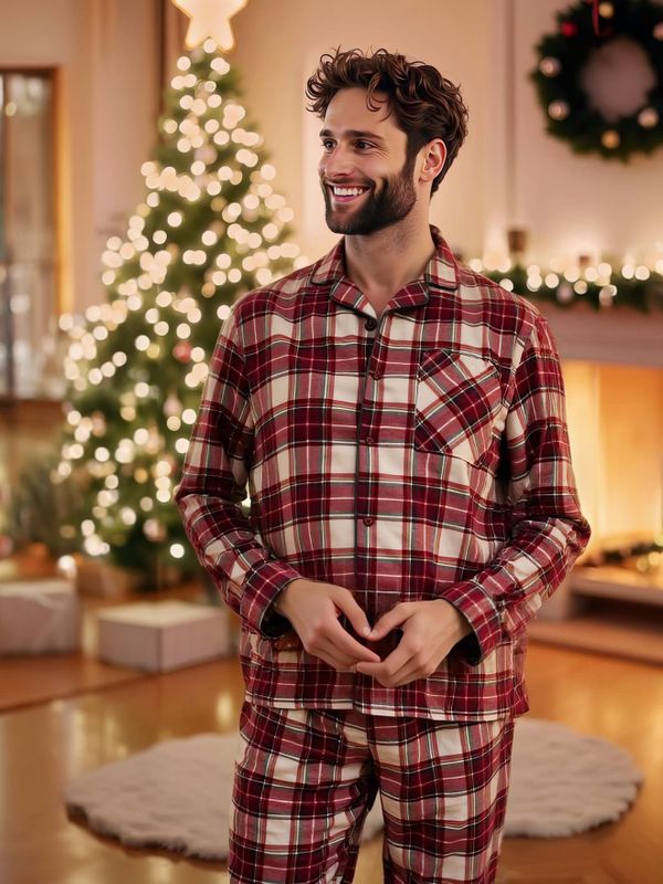 Flanellen - Kerstpyjama - Rood - Geweven Ruitjes - Heren