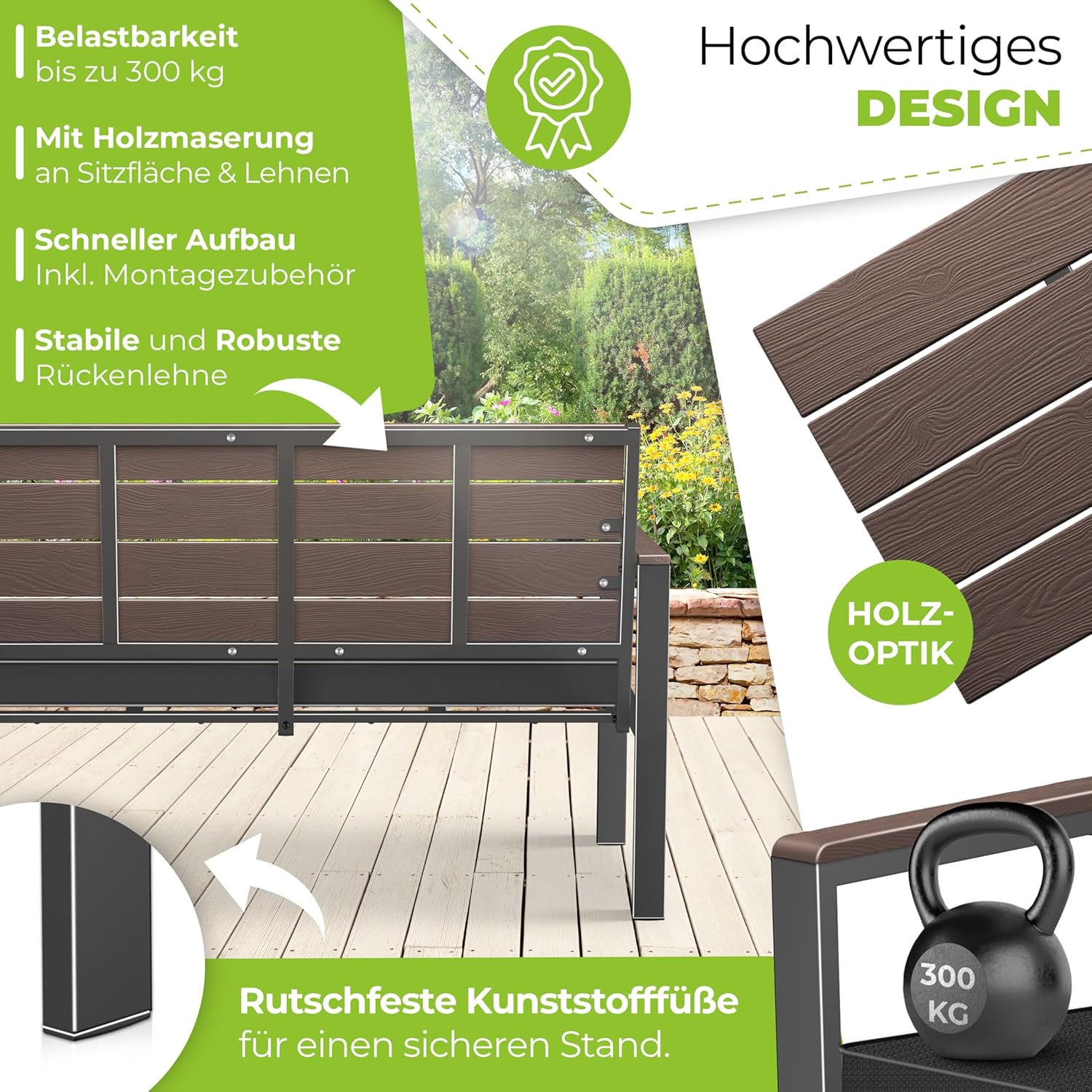 KESSER® Gartenbank mit Kissen – Sitzbank Wetterfest 2-Sitzer Parkbank in Holzoptik Balkonbank für Garten Terrasse Balkon bis 300 kg belastbar UV-beständig inkl. abnehmbarem & waschbarem Polsterbezug